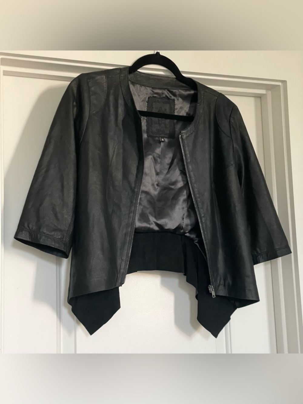 My Tribe Genuine Leather Zip Lined Black 3/4 Half Sleeve Jacket Size M